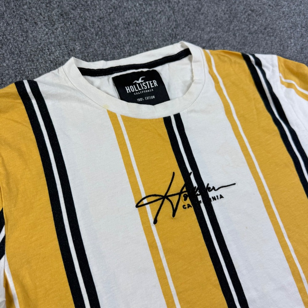 VTG Hollister T Shirt Size M Yellow White Striped Vertical Logo Mens